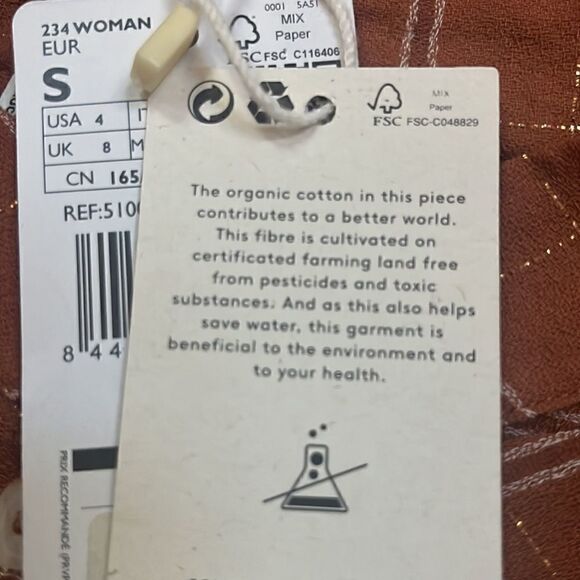 MANGO ORGANIC COTTON BLOUSE BROWN TAN CHECK PRINT GOLD METALLIC THREAD NWT SMALL - Picture 15 of 16